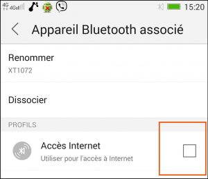 il faut cocher la case "acces internet" ... Il n'estpossible de cocher cette case , que si il y a bien un partage de connexion internet defini sur l'appareil associé (le XT1072 dans notre cas )