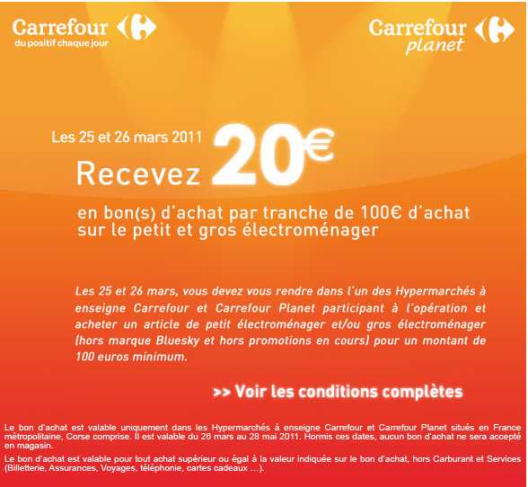 carrefour bon d'achat pour l'achats en electromenager les 25/26 mars