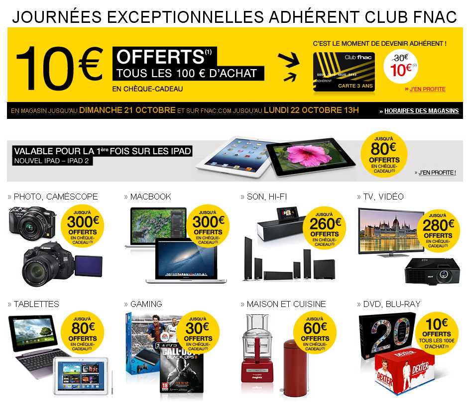 Journée adherents fnac jusqu'au 22 octobre bons d'achats