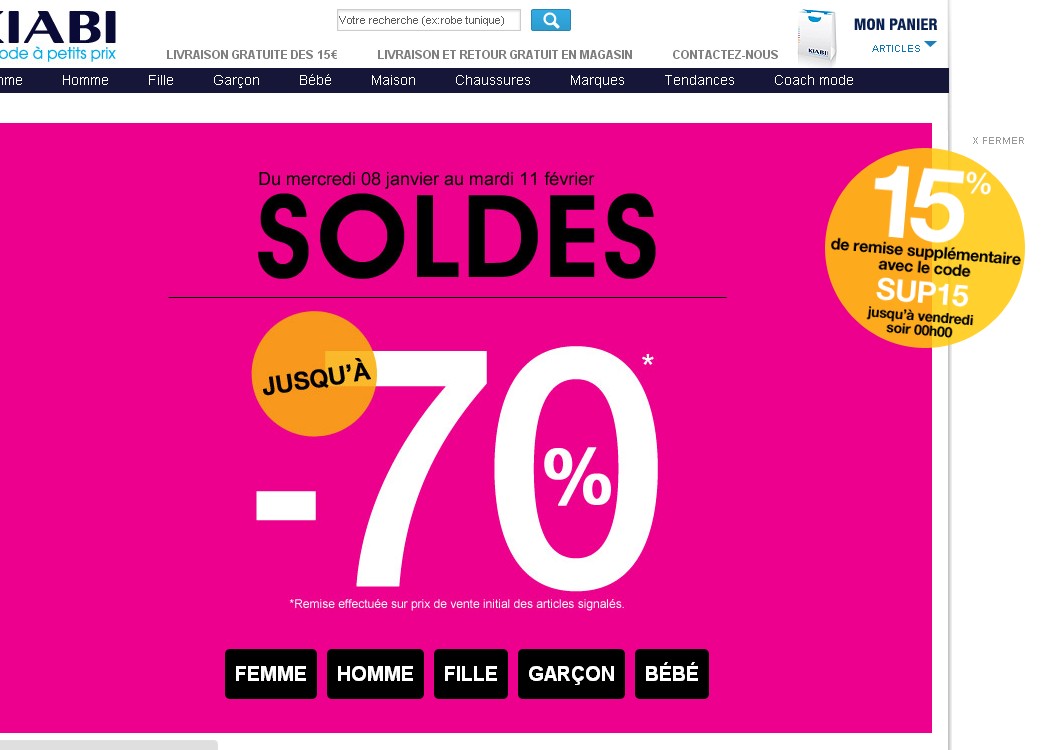 15 de remise supplementaires sur les soldes sur le site kiabi