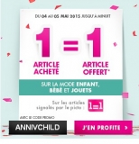 Tati ! un article acheté = 1 offert jusqu’au 5 mai (mode enfant + jouets )